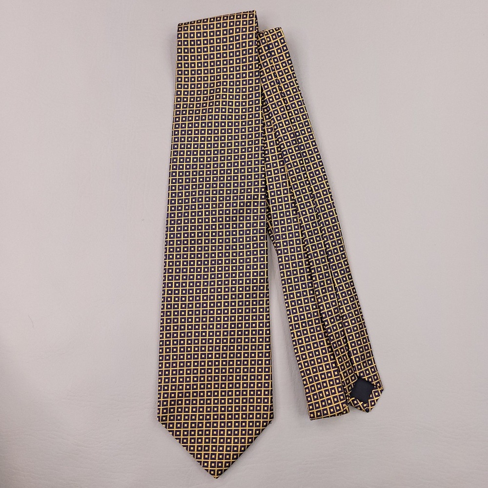 Brooks Brothers Tie Blue Gold Geometric Foulard Pattern Silk 3.75" X 57"